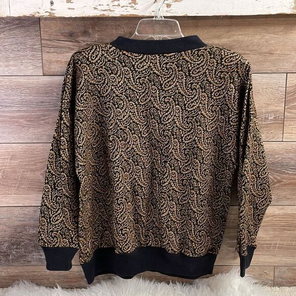 Vintage Pullover Metallic Paisley Pullover Festive Sweater Top, Black Gold, SZ L - Picture 6 of 7